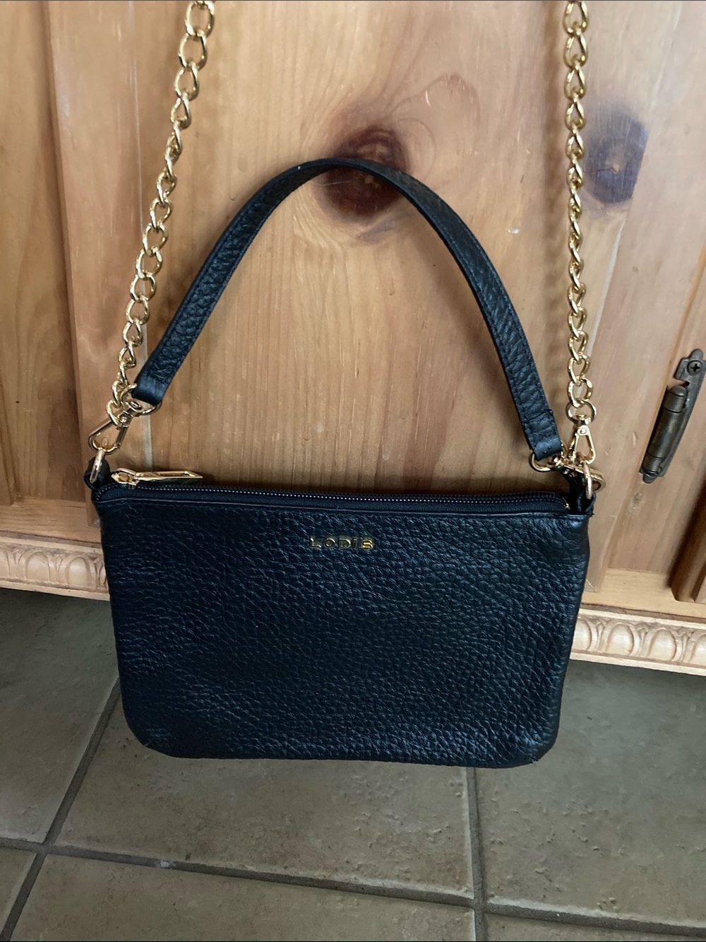Lodis Navy Pebbled Leather Crossbody with Gold Chain - Picture 2 of 8
